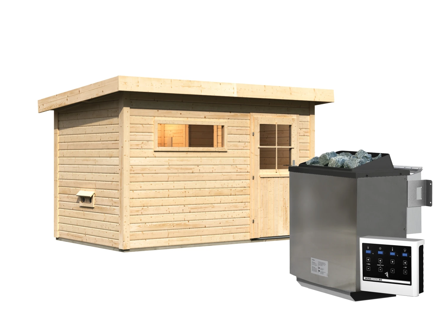 Karibu Saunahaus "Ondo 1" SET Naturbelassen Mit Ofen 9 KW Bio Ext. Strg, Kabel, Dachfolie, Fenster 4 Karibu Saunahaus "Ondo 1" SET Naturbelassen Mit Ofen 9 KW Bio Ext. Strg, Kabel, Dachfolie, Fenster – Bild 2